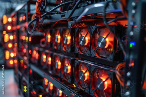 A cryptocurrency mining rig with multiple gpus and cooling fans photo