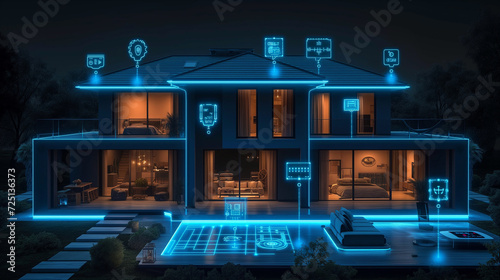 Nighttime Splendor: modern glass home exterior with vibrant digital smart home controls
