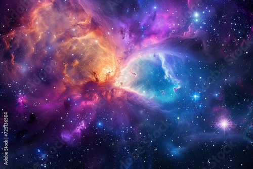 A vibrant nebula with swirling colors and a distant star shining brightly photo