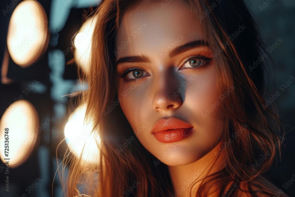 Female model in a glamorous makeup look Under the spotlight in a beauty studio