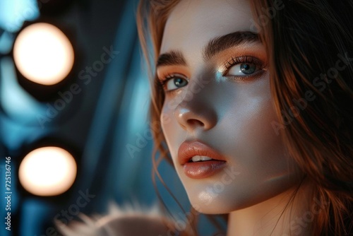 Female model in a glamorous makeup look Under the spotlight in a beauty studio