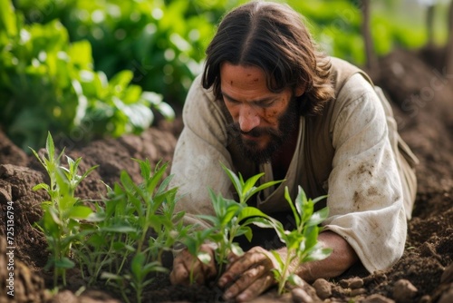 Jesus as a gardener Tending to plants Symbolizing growth and the nurturing of the soul