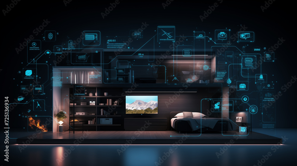 Fototapeta premium Iconic Control: stylish living area with digital smart home system at your fingertips