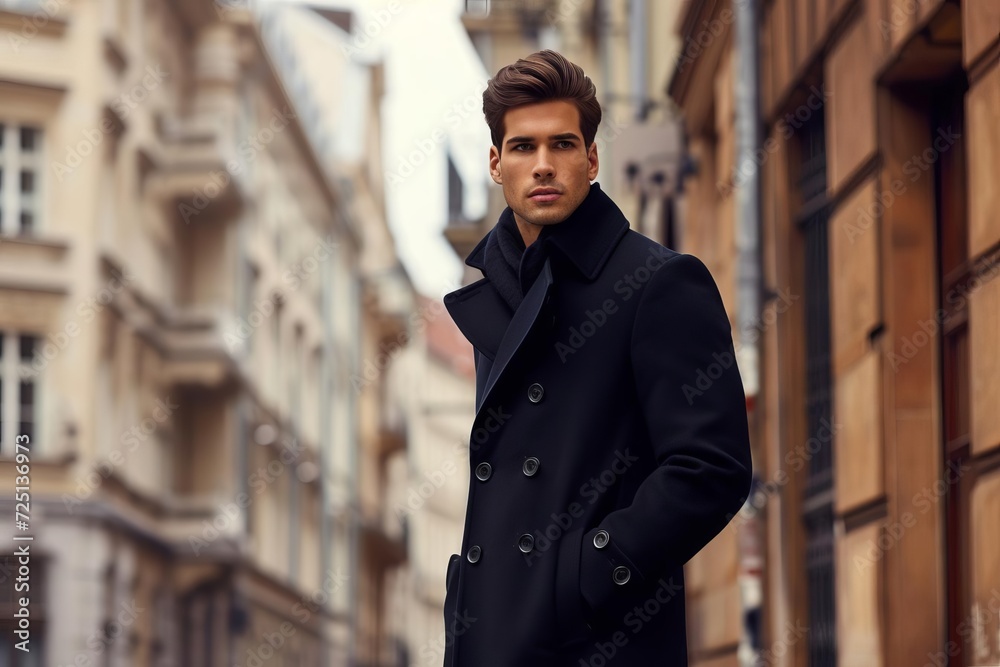 Male model in a tailored peacoat Strolling through a historic european city Male model in a tailored peacoat Strolling through a historic european city