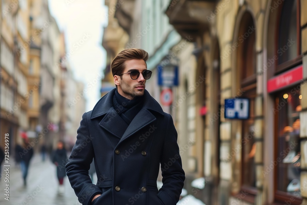 Obraz premium Male model in a tailored peacoat Strolling through a historic european city