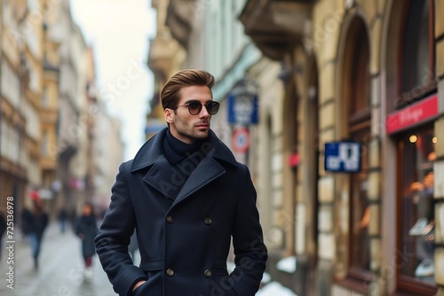 Male model in a tailored peacoat Strolling through a historic european city