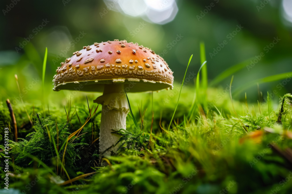 Fly agaric in the forest. Background with selective focus and copy space Fly agaric in the forest. Background with selective focus and copy space