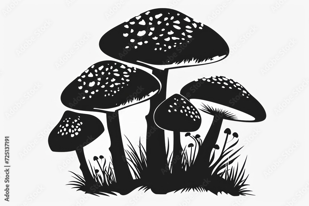 Black and white drawing of mushrooms, black silhouette. Background with selective focus and copy space Black and white drawing of mushrooms, black silhouette. Background with selective focus and copy space