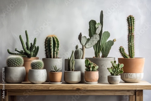 Cactuses in DIY concrete pots are shown in a panoramic shot against a white wall