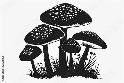 Black and white drawing of mushrooms, black silhouette. Background with selective focus and copy space