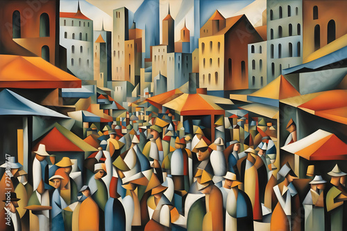 cubist style abstract painting of a modern urban city market bustling with people with geometric shapes and bold colors