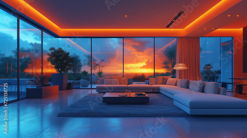 Urban Elegance: stylish interior with neon lighting and glass facade and tranquil outdoor retreat