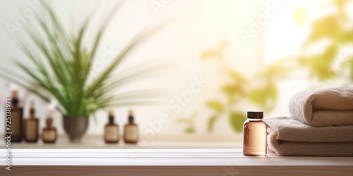 Blurred spa salon bathroom shelves background with wooden table.