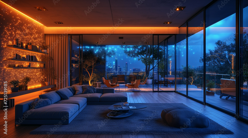 Glamorous Skyline: stylish room in a skyscraper featuring neon lights and mesmerizing cityscape