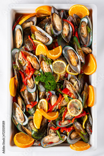 Tray of mussels. 
