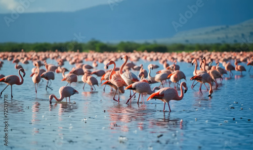 A flamboyance of greater flamingos wading in the water in Lake Manyara, Tanzania