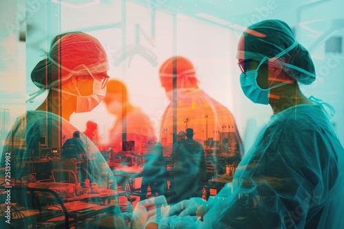A double exposure image of surgery staff and a hospital
