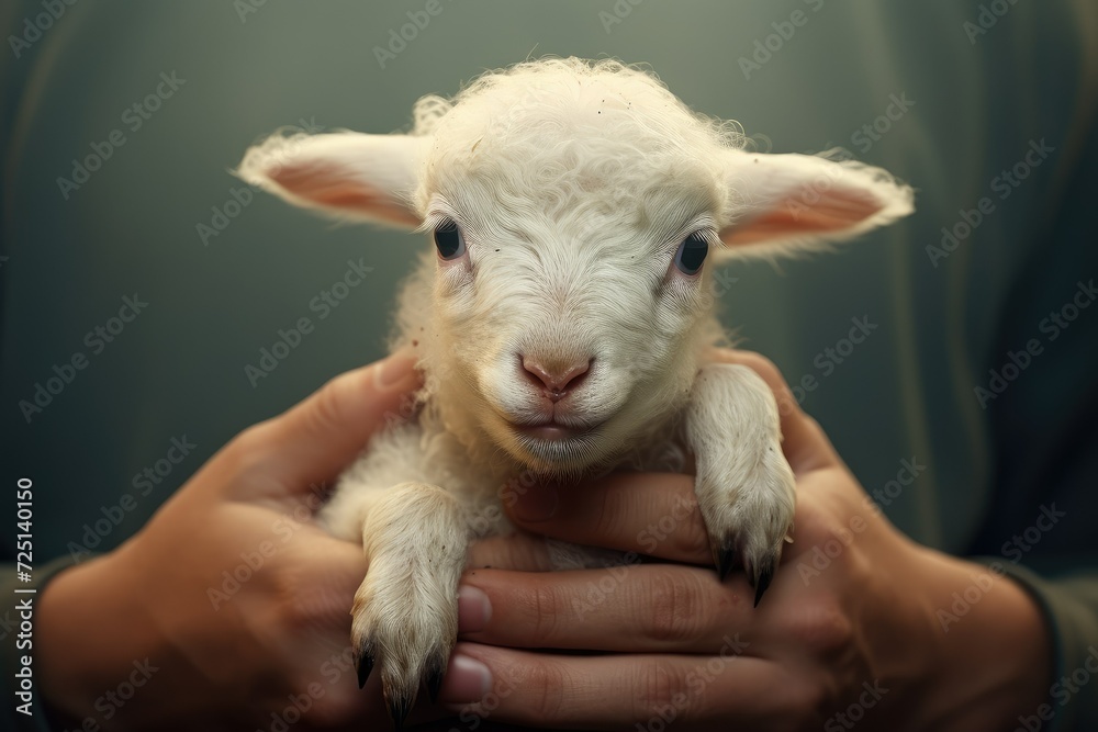 Fototapeta premium Cute baby lamb. Newborn lamb in the hands of a child. Selective focus. adorable baby sheep. cute mammal animal.