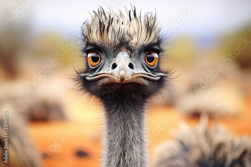 Close up of a ostrich. Portrait of an ostrich in Namib desert, Namibia. angry ostrich looking at camera. wildlife.