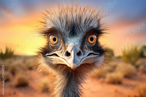 Close up of a Ostrich at sunset, its face with sunset hue background. Ostrich in the desert of Namibia. 3d render. wildlife. happy ostrich.