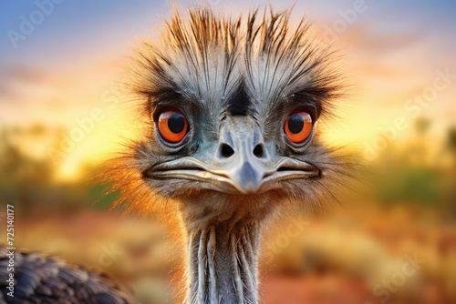 Ostrich head close up during sunset. Ostrich at sunset in Africa, close-up. Animal portrait. wildlife. funny expression.
