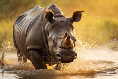 Rhino in water. A rhino running through water with mud on its face. Rhinoceros wading at sunset. African wilderness. wild animal.
