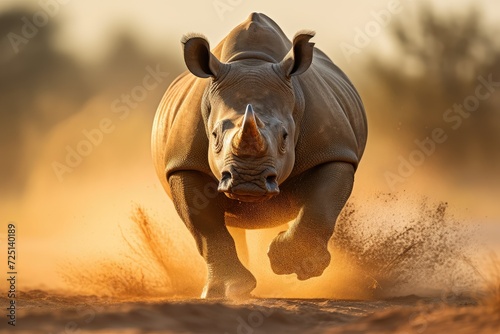 A rhino running in dust. a rhino running through dust in a desert. African wilderness. rhino in the African savannah at sunset. Wildlife. wild animal.