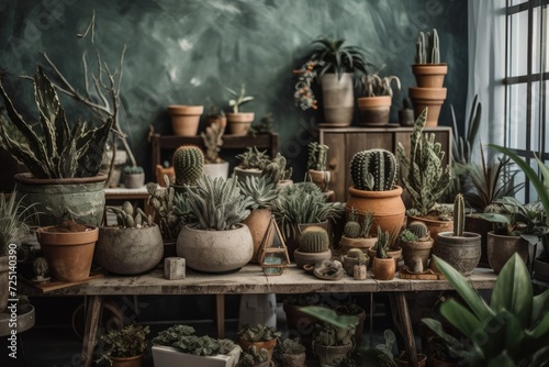 Many lovely plants, cacti, succulents, and air plants were placed in variously shaped pots in the interior garden of the home. Concept for home gardening. jungle at home