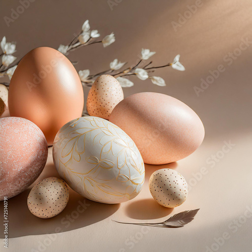 Easter eggs in peach tones on a pastel beige background. Traditional holy week celebration. Easter banner, poster or card with copy space. photo