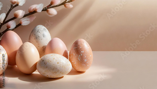 Easter eggs in peach tones on a pastel beige background. Traditional holy week celebration. Easter banner, poster or card with copy space. photo
