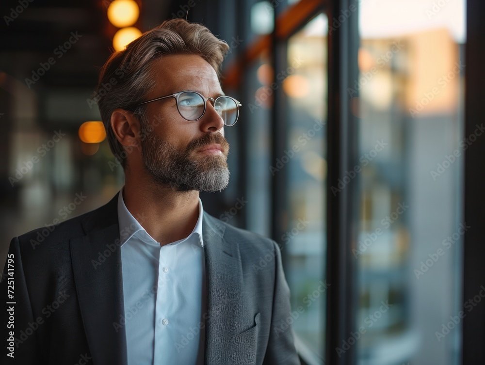 Pensive Executive with Beard in Modern Office Pensive Executive with Beard in Modern Office