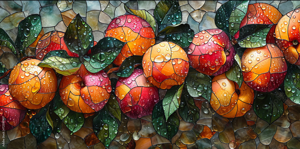 Peach have small water droplets on the fruit that make you feel refreshed when looking at them. Stained glass art.