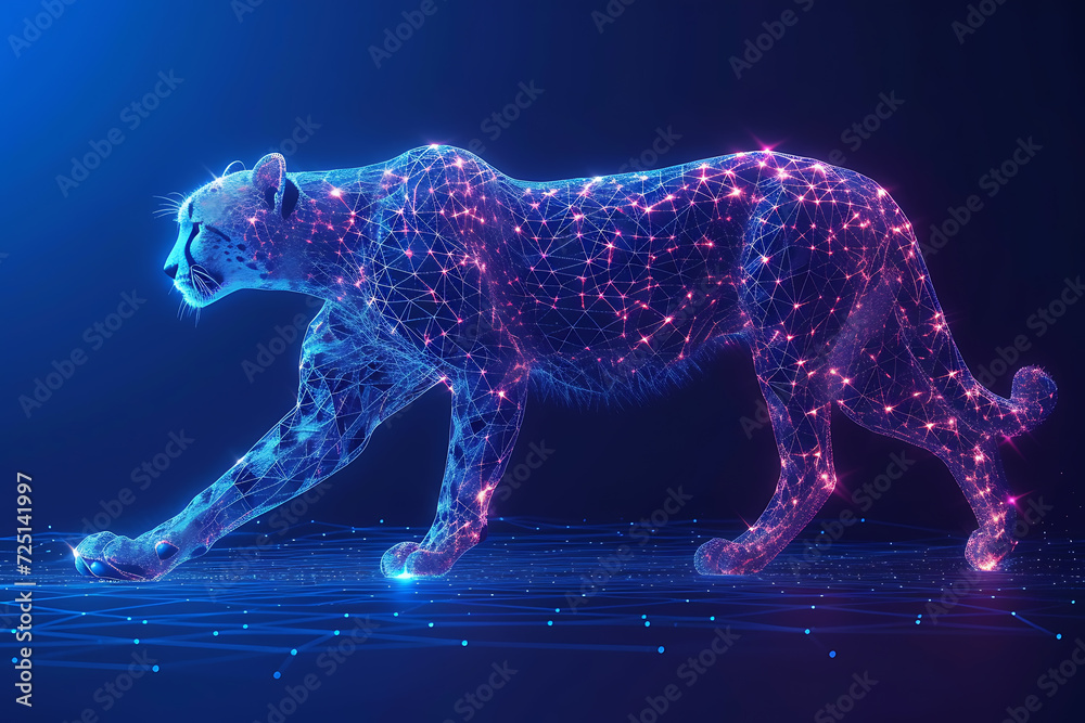 Cheetah, Digital wireframe polygon illustration. line and dots technology	