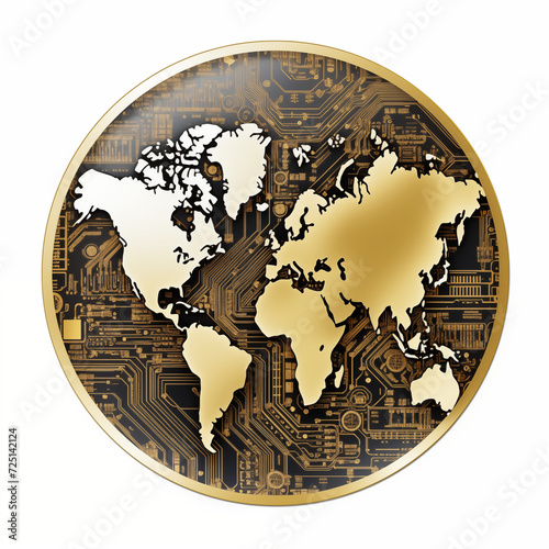 Globe Map with Continents on a Printed Circuit Board PCB Technology Design and Concept White Background photo