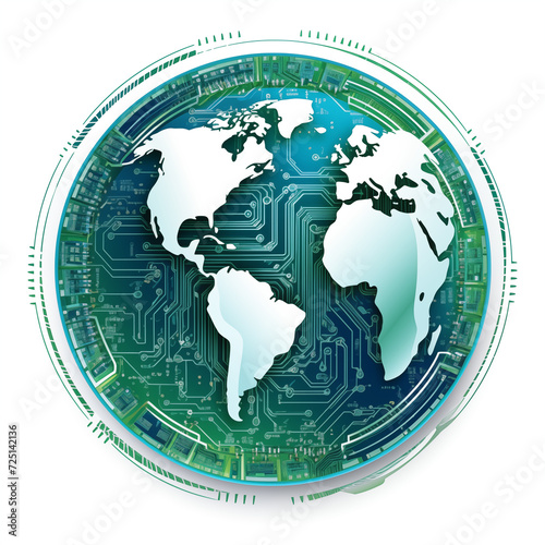 Globe Map with Continents on a Printed Circuit Board PCB Technology Design and Concept White Background photo