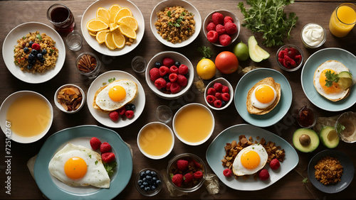 Setting of breakfast includes coffee  fresh orange juice  eggs and fruits   top view over a wood background