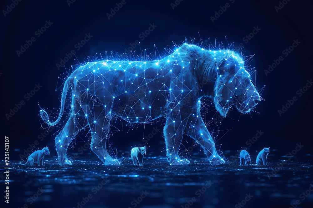 Lion. Digital wireframe polygon illustration. line and dots technology  . King of beasts 