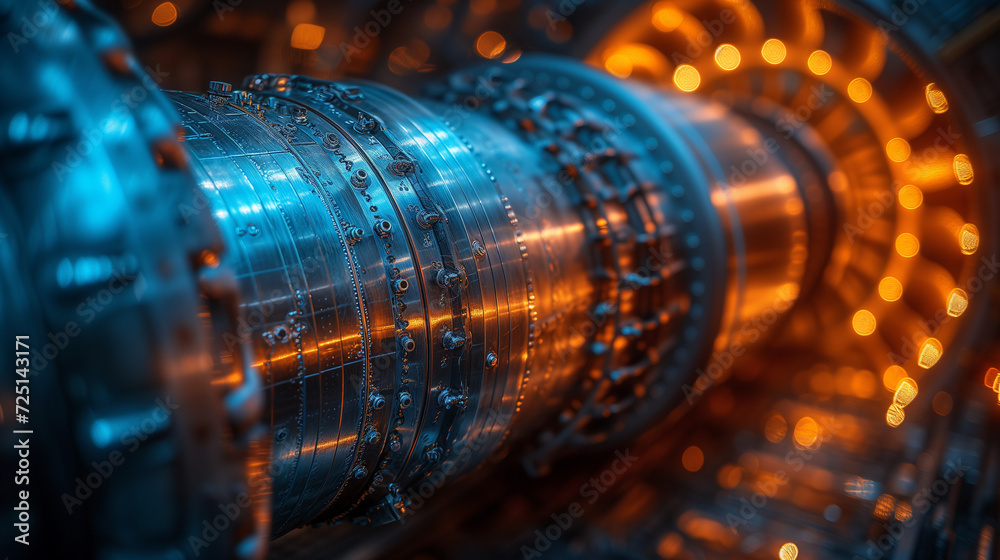 Intricate details of a modern turbine engine's internal mechanics. The metallic surfaces gleam with a polished finish, reflecting the ambient light in the manufacturing facility. Intricate details of a modern turbine engine's internal mechanics. The metallic surfaces gleam with a polished finish, reflecting the ambient light in the manufacturing facility.