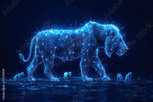 Lion. Digital wireframe polygon illustration. line and dots technology  . King of beasts  photo