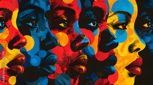 Group portrait of African American peoples. Historical style. Achievements of Afro people. Black history month. Freedom, justice and demonstration. Civil rights, culture concept