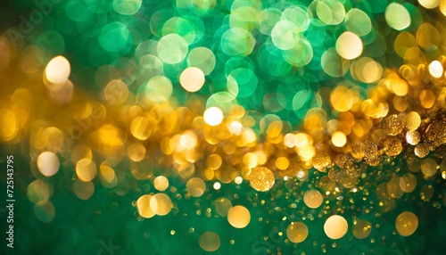 abstract bokeh background  Abstract blur bokeh banner background. Gold bokeh on defocused emerald green background