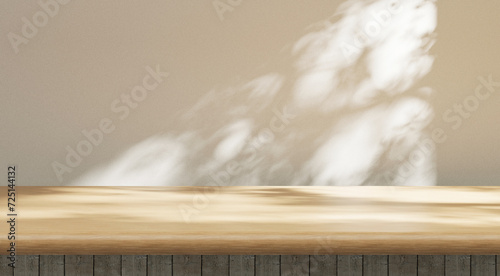 wooden empty cozy table background, sunny countertop template background and soft window sunlight and shadows, presentation and advertisement mock up, business work and product placement mock up