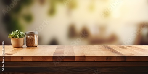 Wooden tabletop on blurred kitchen counter background for product display or design layout.