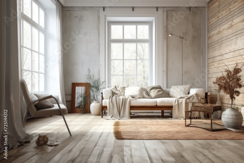 White and faded tones dominate this vintage wooden living room. Parquet flooring, decorations, and a mock up of a wall design of a farmhouse interior
