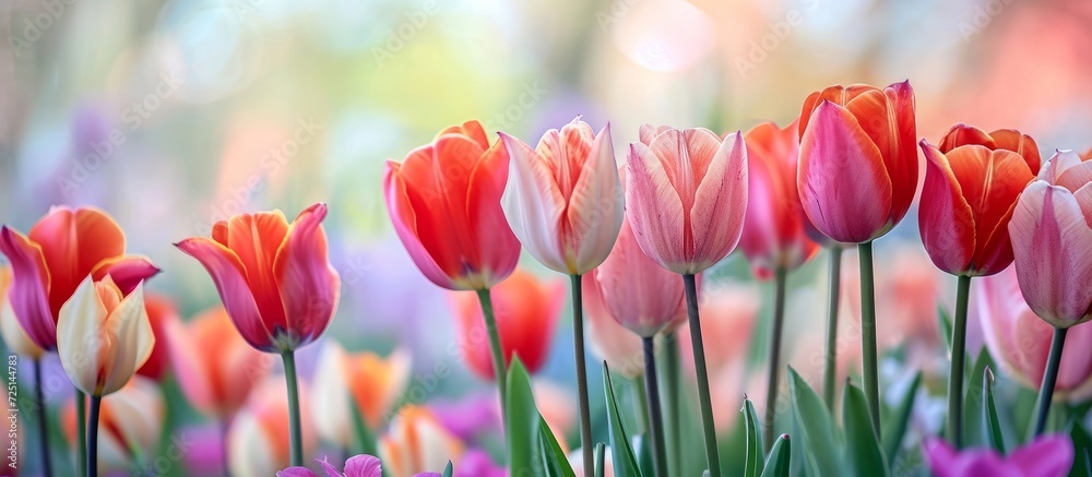 Gorgeous tulips blooming in a garden with a soft, pastel floral backdrop. Gorgeous tulips blooming in a garden with a soft, pastel floral backdrop.