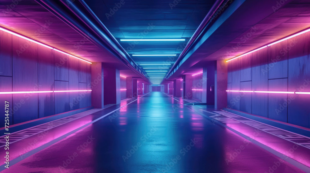 Futuristic underground tunnel background, long concrete hallway with lines of blue and red neon light. Perspective of modern garage. Concept of cyberpunk room, hall interior, parking
