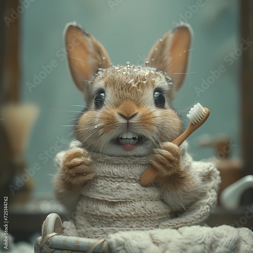 Photograph of a rabbit brushing its teeth. rabbit. toothbrush. dentist. Easter bunny dental care. photo