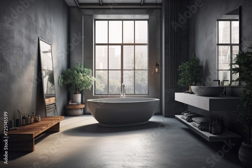 Bathroom interior in a deep gray color with a concrete floor  lots of windows  a round tub next to a white wall  and a table with personal care items. simulated toned image