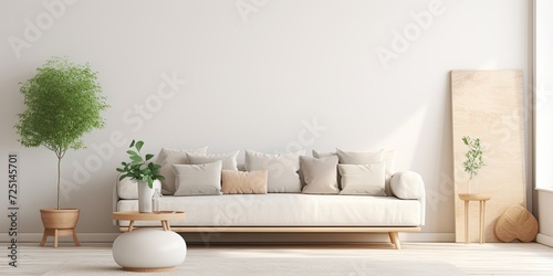 Cozy living room with mock up poster, sofa, carpet, pillow, pouf, vase, decor.