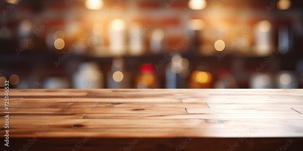 Blurred background with wooden tabletop in kitchen. - obrazy, fototapety, plakaty 
